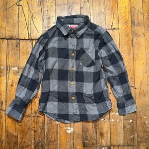 Wrangler Button Up Shirt Boys Sz 5 Gray Black Plaid Cotton Long Sleeve Collared